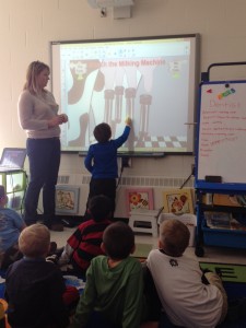 Charlotte is a dairy farmer who came to visit us and teach us about milk! We are using the Smart Board to attach the milk machine to the utters