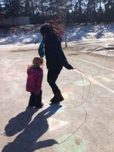 counting how many times this student and Ms. Caietta could jump around the rope