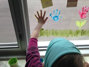 adding some spring decor to our window while we had a discussion about different shades of the same colour