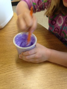 Mixing 6 globs of white with 3 globs of purple made this violet colour for the baby's clothes